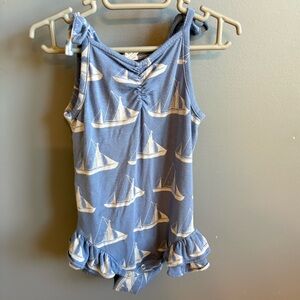 Spaghetti tie ruched double ruffle leg bodysuit | sailboat | lenzing modal